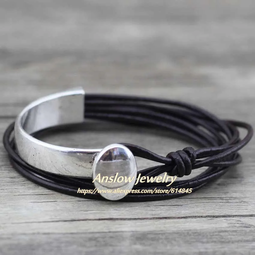 Anslow 2018 Classic Unisex Charm Vintage Style New Unique Silver Plated Unisex Leather Bracelet Couple Birthday Gift LOW0468LB