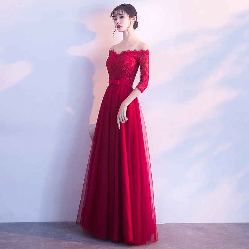 Robe de soiree Wine red Off Shoulder Strapless lace up A-Line Elegant evening Dresses vestido de festa Party Dress Prom Dresses