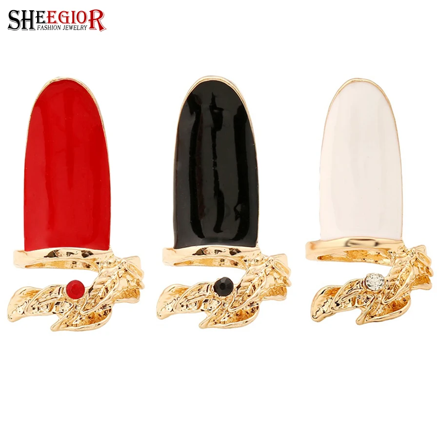 Korean Love Long Rings for Women Accessories Rhinestone Leaf Enamel Red White Black Nail Rings Fashion Cute Girl Friendship Gift