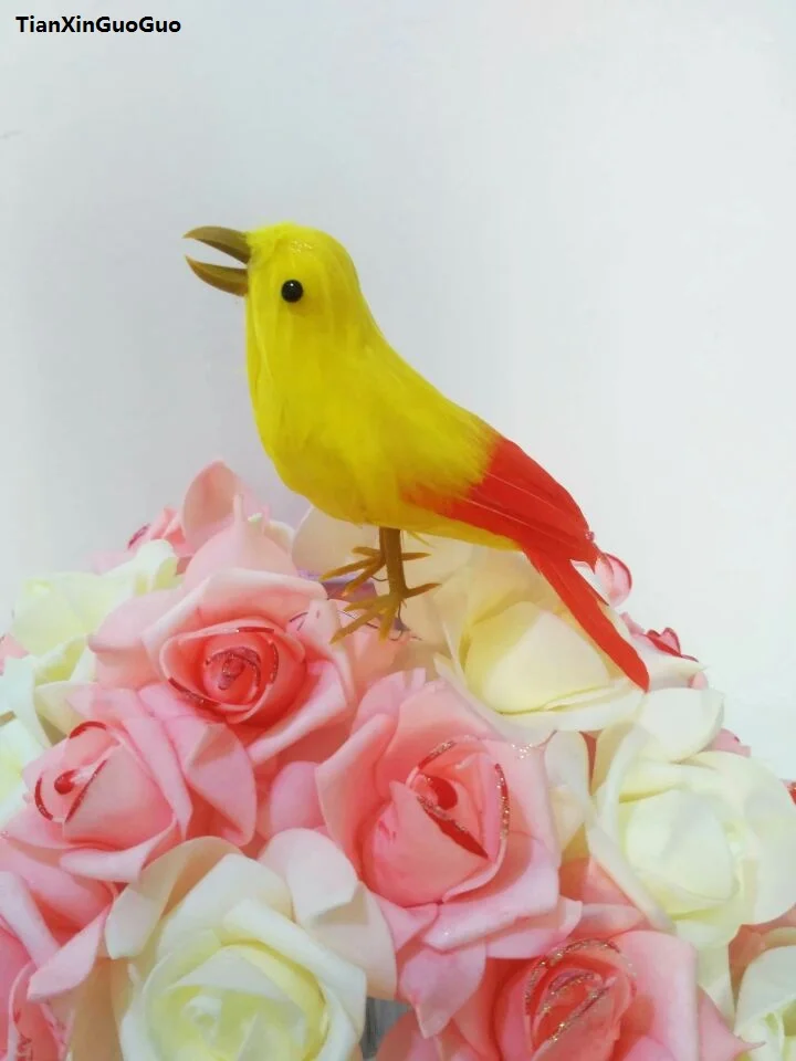 

simulation bird hard model 16cm foam&yellow&orange feathers bird prop,home garden decoration gift s1256