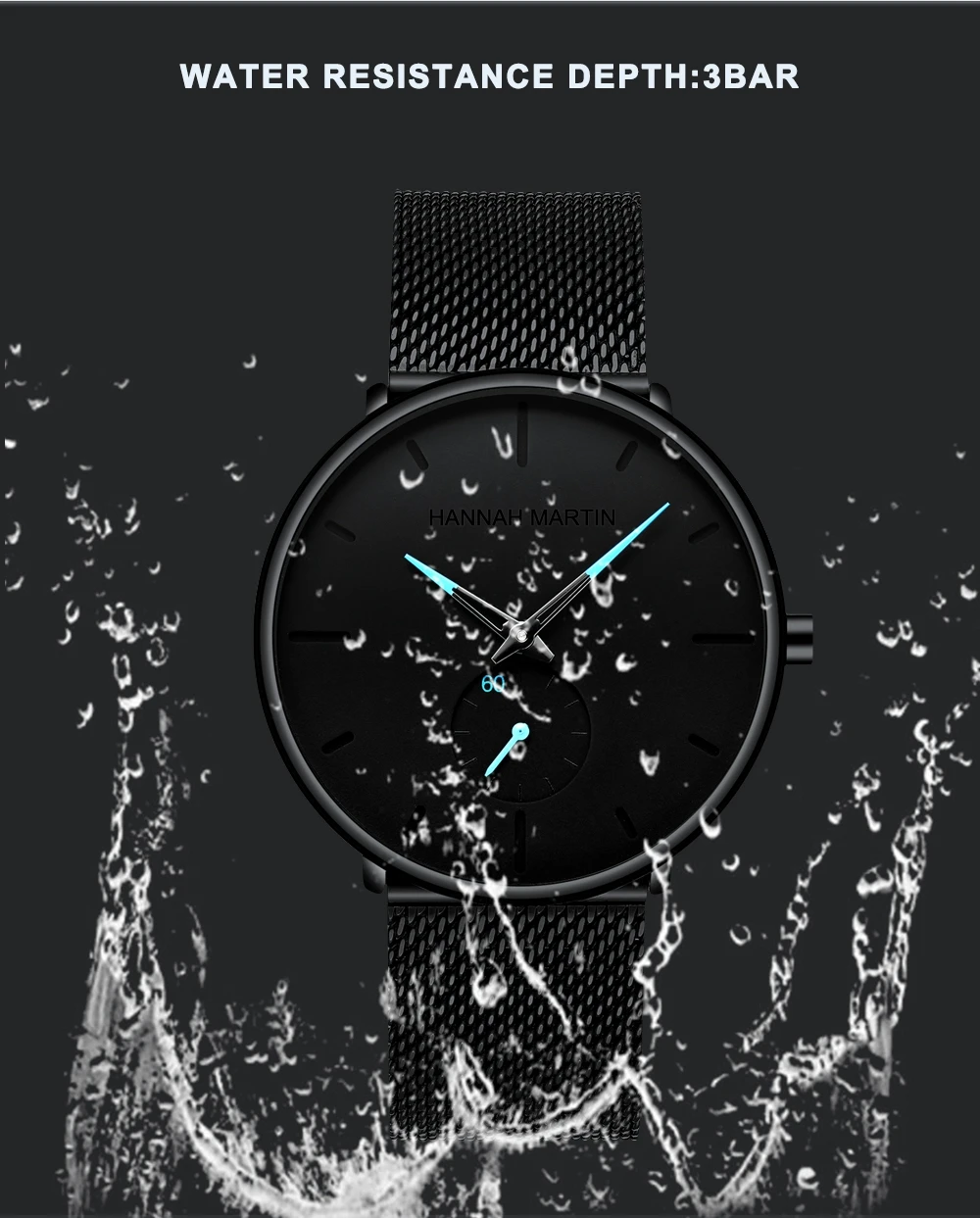 HM luxury brand men\'s waterproof watch men stainless steel net band small dial quartz watch relogio masculino