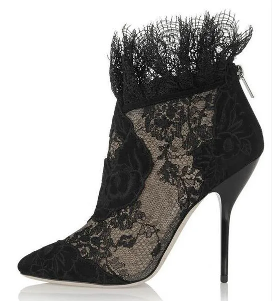 Sexy Black Lace Ankle Bootie Flower High Heel Stiletto Pumps Elegant Women Ladies Party Dancing Pump Shoes