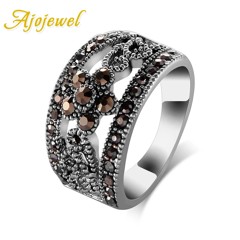 Ajojewel #6-10 Black Rhinestone Flower Vintage Retro Ring Women Band Jewelry Finger