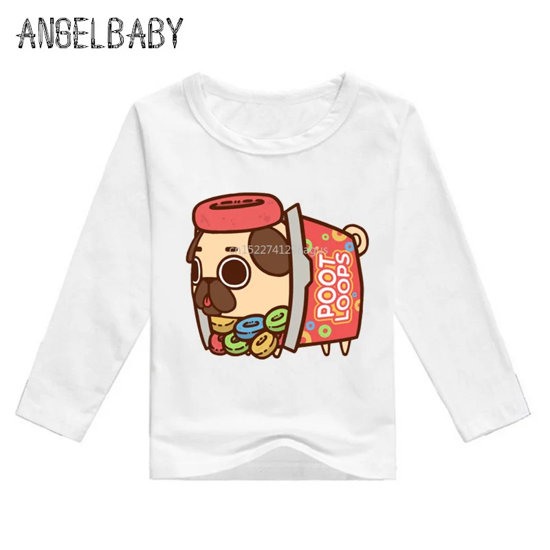 Boys and Girls Cartoon Pug Dog Pancakes Food Print T shirt Baby Funny Cute Clothes Kids Long Sleeve T-shirt,LKP2161