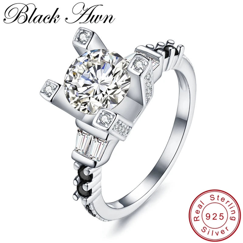 

[BLACK AWN] Eiffel Tower Engagement Rings for Women 925 Sterling Silver Jewelry Black Spinel Classic Finger Ring Bague C256