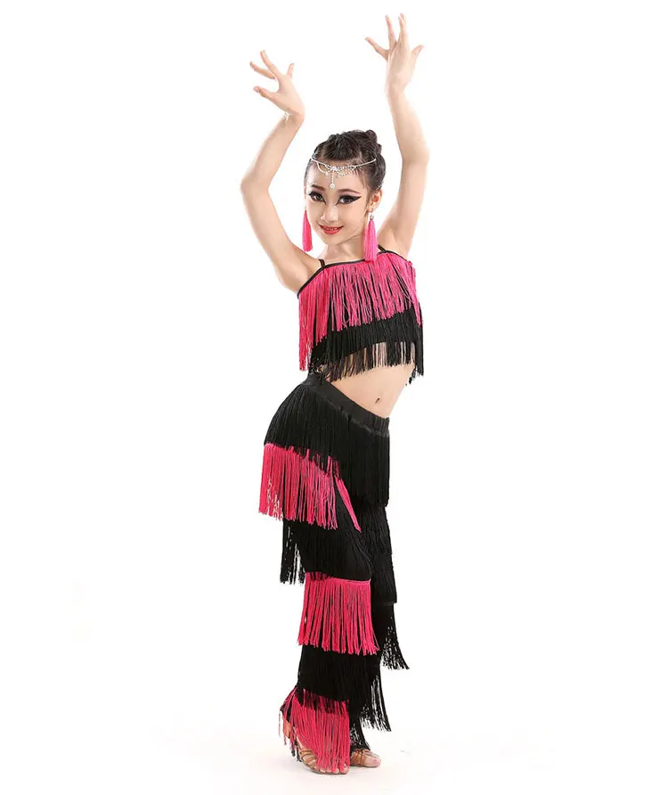 Nieuwe Kinderen Bachata Latin Dans Kostuums Meisjes Ballroom Tango Salsa Latin Danswedstrijd Kostuum Fringe Broek Tops