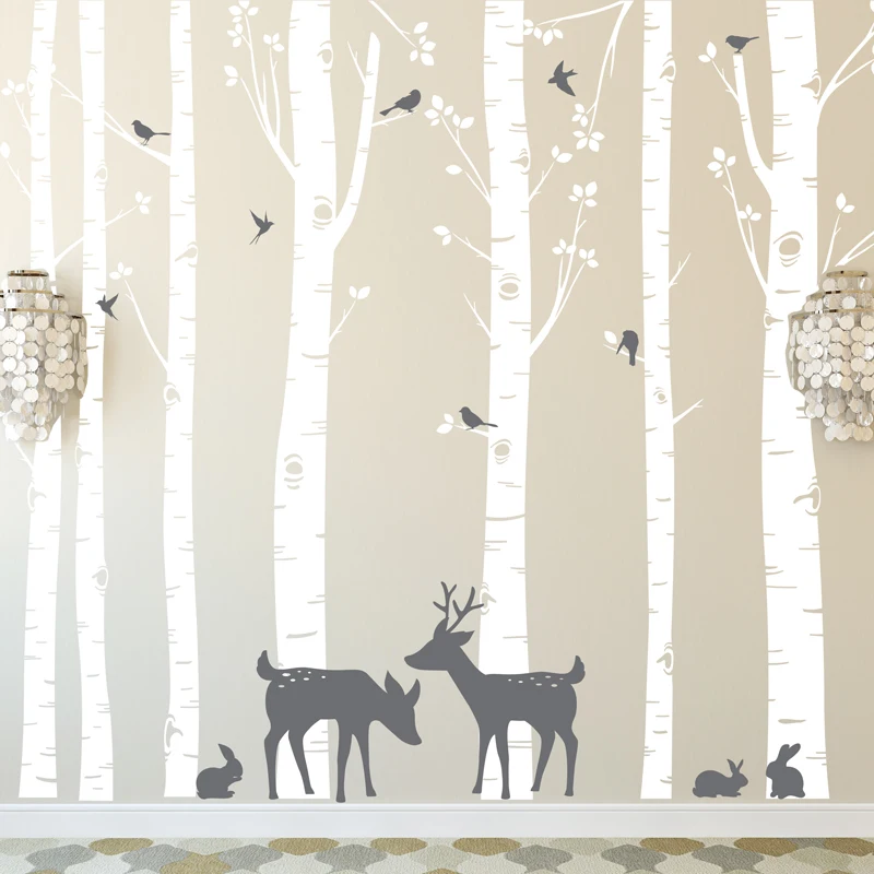 

Huge Size Trees Wall Stickers Set of 7 Birch Trees with Deer and Birds in 2 Colors Removable Vinyl Wall Decals tree Decor ZA316