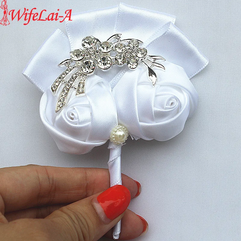 WifeLai-EINE Reine Weiß Silber Kristall Bouquet Corsage Diamant Rose Blumen für Hochzeit Braut und Bräutigam Blume Brosche X1103