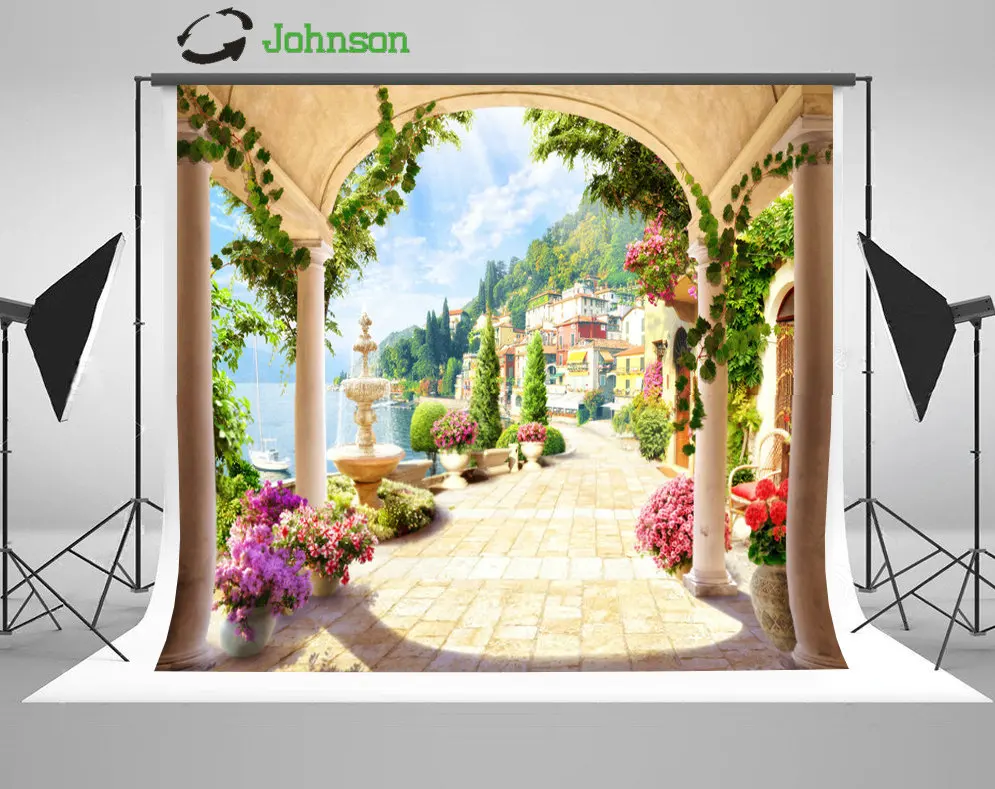 

Arch Column Village Coastal Patio Flower Leaves Road background polyester or Vinyl cloth Computer print wedding backdrop