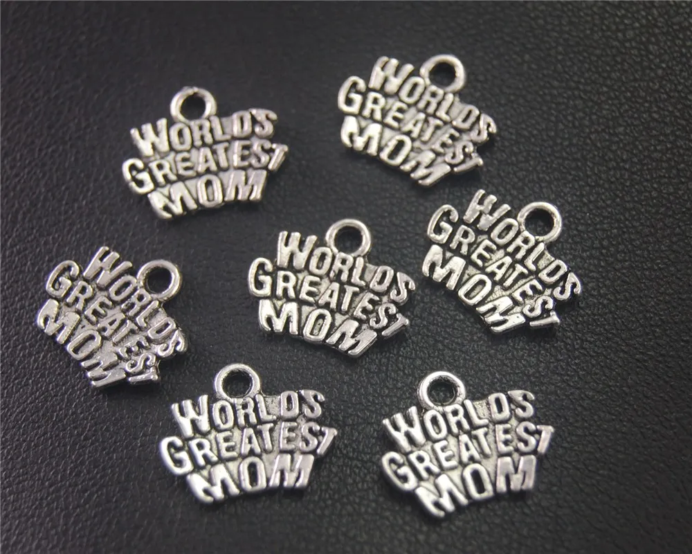 30pcs  Silver Color Letter Worlds Greatest Mom Charms Pendants For Jewelry Making DIY Handmade Craft 12x14mm A2001