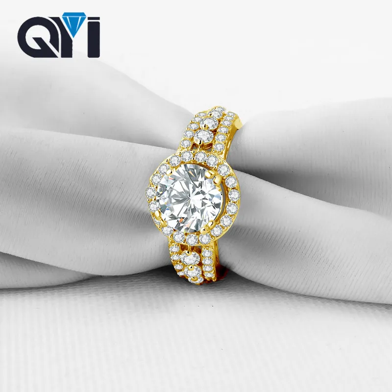 QYI Unique Design Women Halo Ring Round 2 Carat Moissanite Diamond 14K Solid Yellow Gold Female Wedding Band Rings