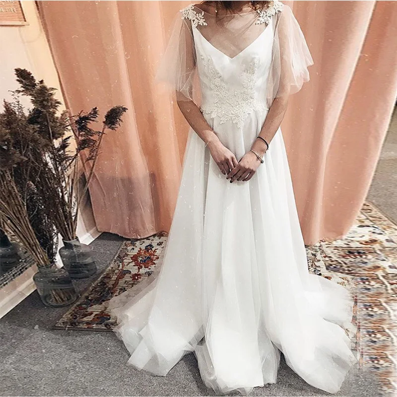 Robe De mariée en dentelle, ligne a, style Boho, manches courtes, jupe en Tulle, dos nu, balayage, blanc ivoire