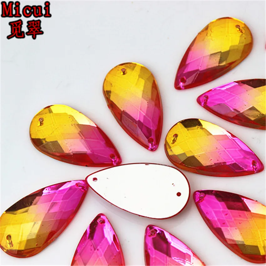 Micui 30pc 16*30mm Double Color Acrylic Rhinestone Crystal Big Drop Shape Sew On Rsilver Base Flatback With 2 Holes ZZ97