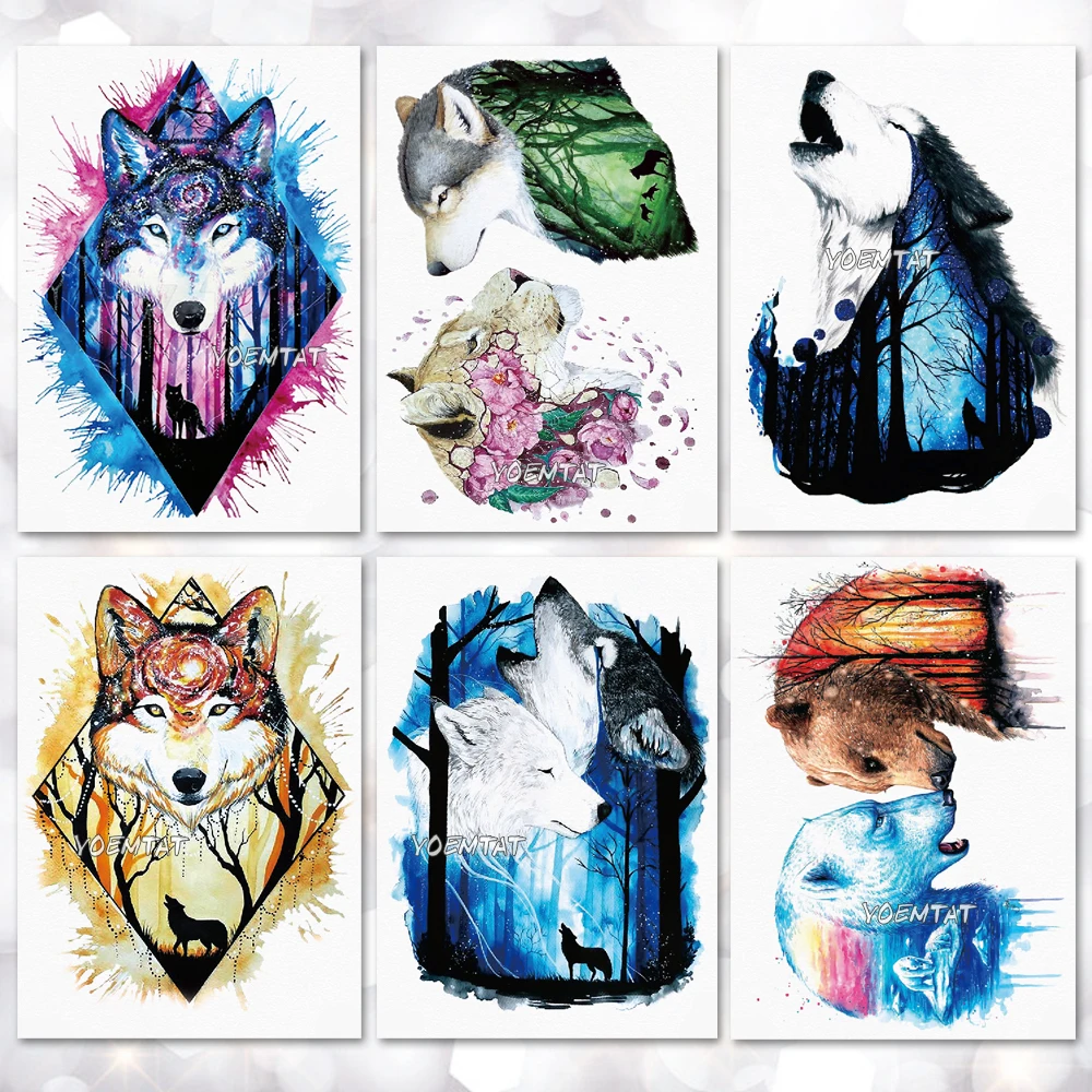 

Watercolor Cool tiger wolf Pattern Temporary Tattoo Stickers Waterproof Women Fake Hand Tattoos Adult Men Body Art