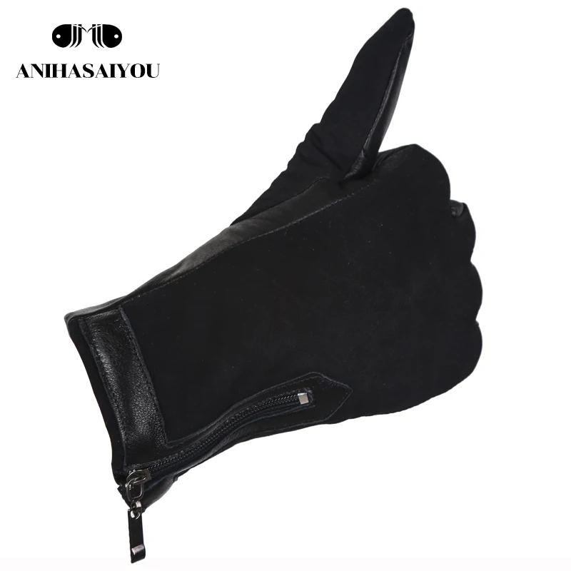 Zipper short women\'s leather gloves,High grade sheepskin women\'s winter gloves,Matte leather black women\'s gloves - 0716