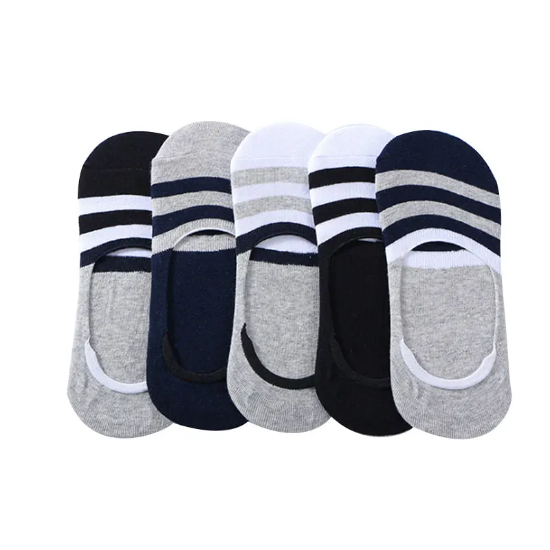 5 Pairs Men Non-slip Silicone Cotton Socks Striped Invisible Boat Socks Summer Absorb Deodorate Male Sock Slippers Calcetines