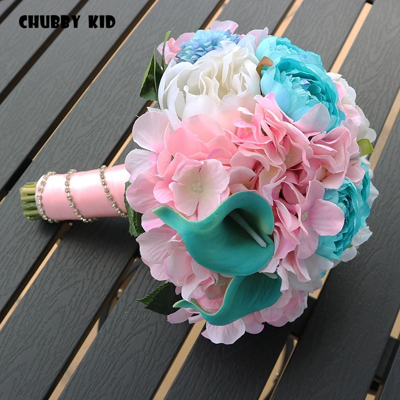 100% Hi-Q Romantic Bridal Bouquets Handmade Artifical Flower Bouquet Wedding Bridal bouquet Ramo Novia pink & blue color bouquet