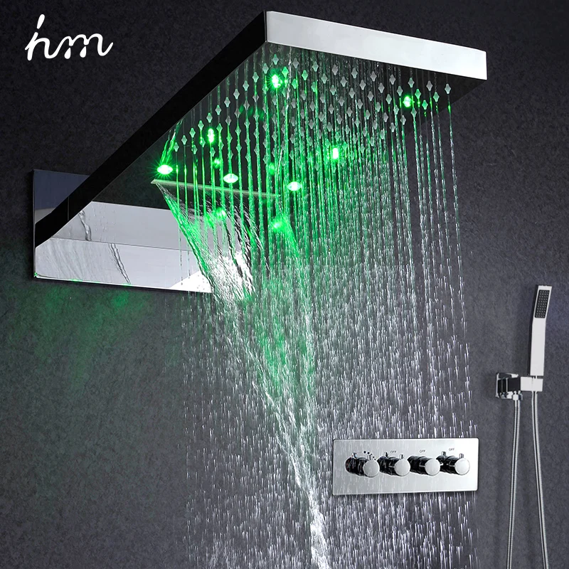 hm 22Inch LED Shower Set Rain Waterfall Showerhead Panel Water Saving 3Ways Thermostatic Faucets System Chrome Finished