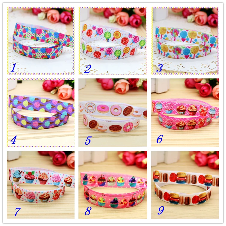 5/8''  Fold Elastic FOE cupcake doughnut printed headband headwear hairband diy decoration wholesale OEM S55