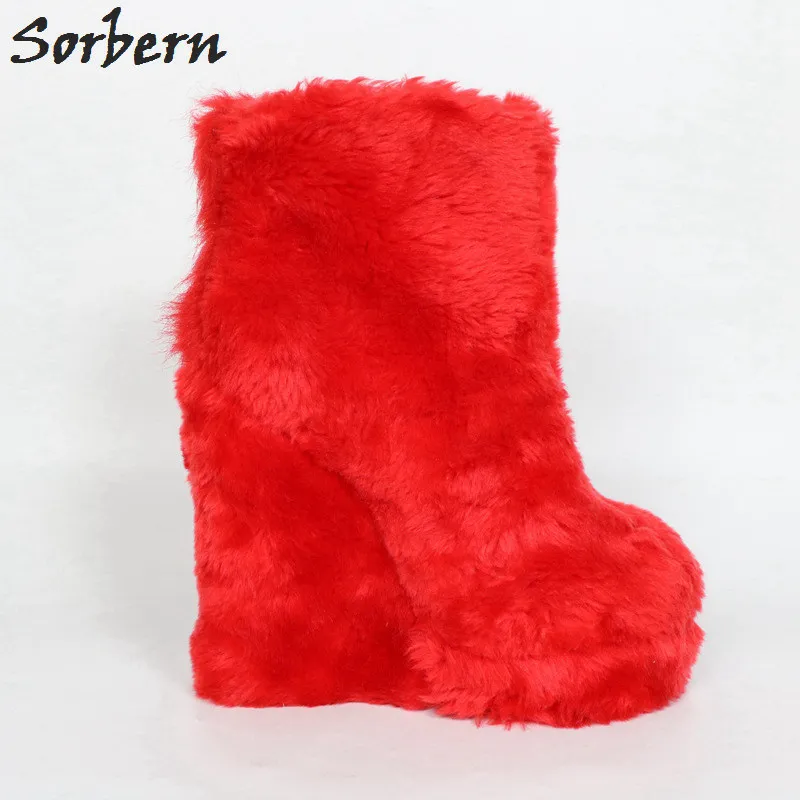 Sorbern stivaletti in pelliccia rossa per donna zeppe Boot Unisex piattaforma spessa stivaletti corti Fetish tacchi alti taglia personalizzata