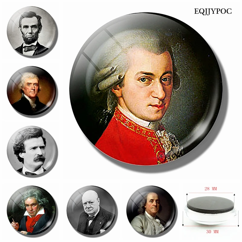 Philosopher Fridge Magnets Churchill Beethoven Mozart Mark Twain Thomas Jefferson Lincoln 30mm Glass Refrigerator Stickers Decor