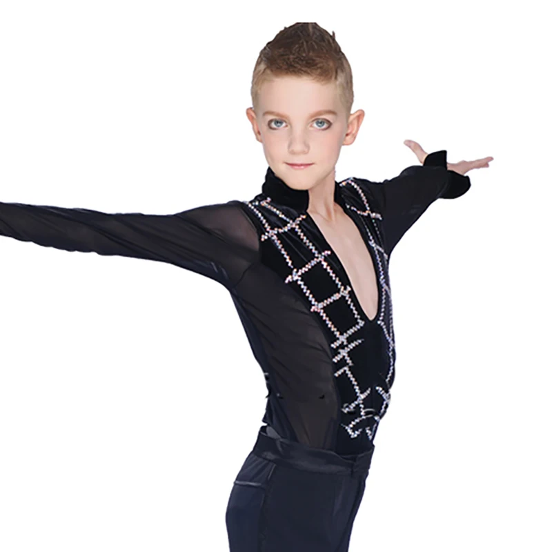 Original Latin Dance Tops for Children Black Blue White Fitness Shirt Boy Sexy Male Ballroom Professional Chacha Clothes N7005