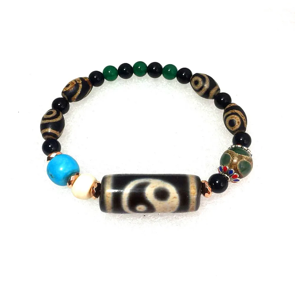 

Original Tibetan characteristics agate bracelet old black 12*30mm 6eyes DZI 10mm green tortoise shell 8*12mm 2eyes