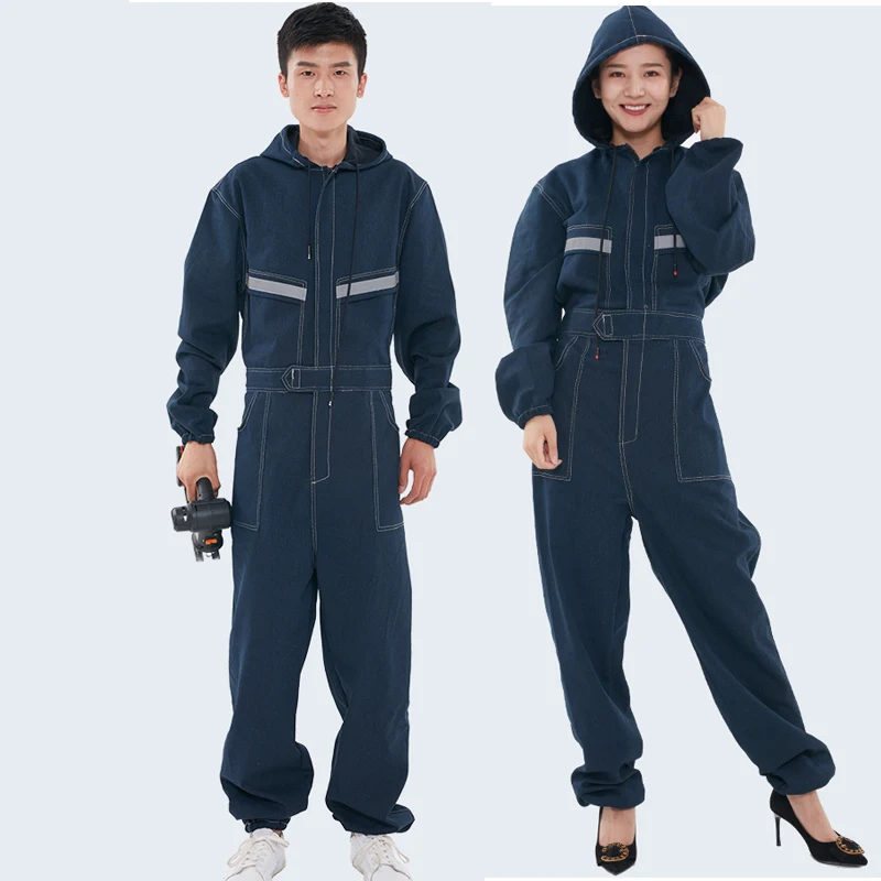 

Denim Welding Suit Hooded Overall Hi Vis Safety Work Coverall Mechanic Repairman Warehouse Staff Painter Flame Resist Jumpsuits