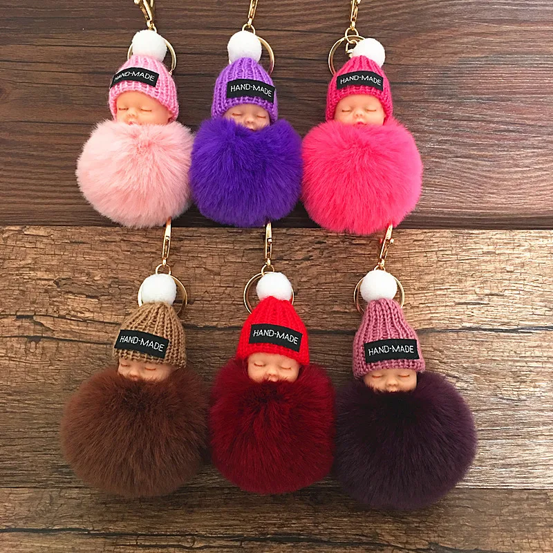 Fashion Sleeping Baby Doll Keychain Women Fluffy Pompom Key chain llaveros pom pom keyring Key Holder Bag Chaveiro Pompon Porte