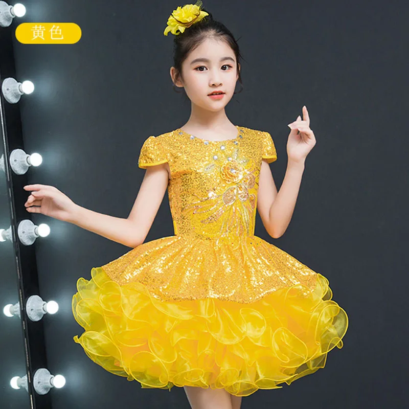 Cheap Flower Girl Weddings Ball Gown Short Pageant Sequined Flowers Girls Dress for Kids Yellow Party Dresses