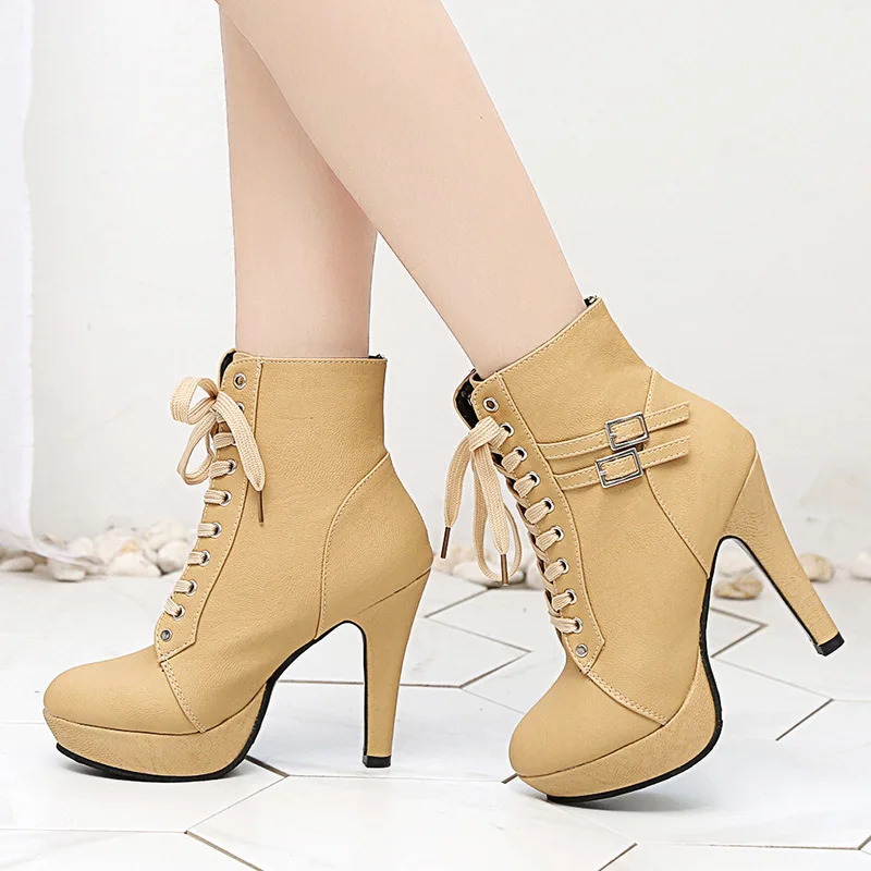 New fashion Women boots High Heels Lace Up Ankle Boots Female Zip Double Buckle Sexy Party Dress Pump Woman Platform Shoes