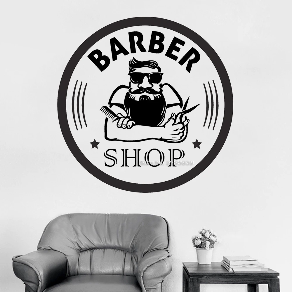 Barber Shop Wall Decals Vinyl Barber Sign Stickers Hairstyle Shaved Man Salon Haircut Beard Face Tools Logo Salon Sticker LC1366