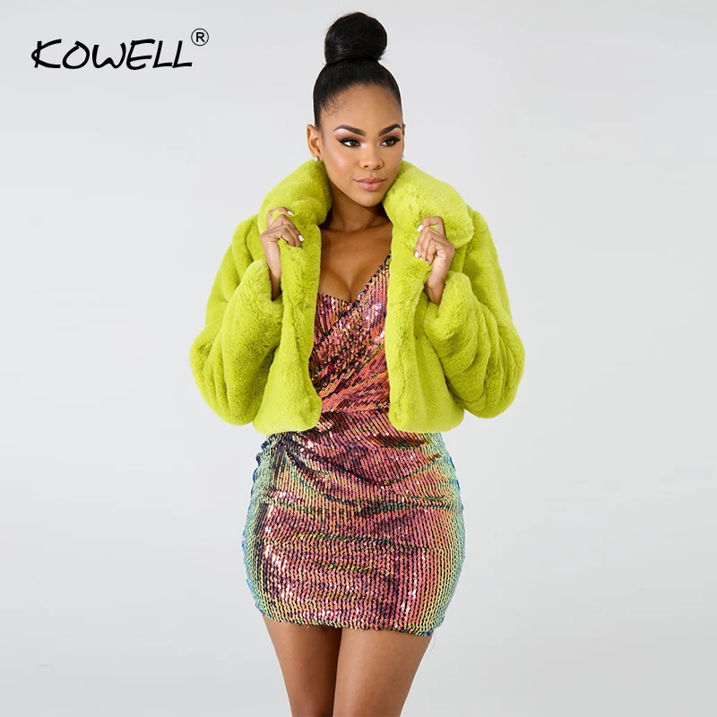 Hot Sale 2019 Fashion Lime Green Short Faux Fur Coat Winter Neon Fluorescent Warm Cardigan Cropped Jacket Fluffy Teddy Coats