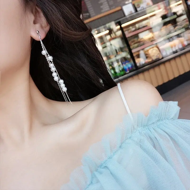 Silver Needle Korean Fashion Lady Sweet Imitation Pearl Tassel Long Earrings For Women 2019 Luxury Earrings Crystal Earrings