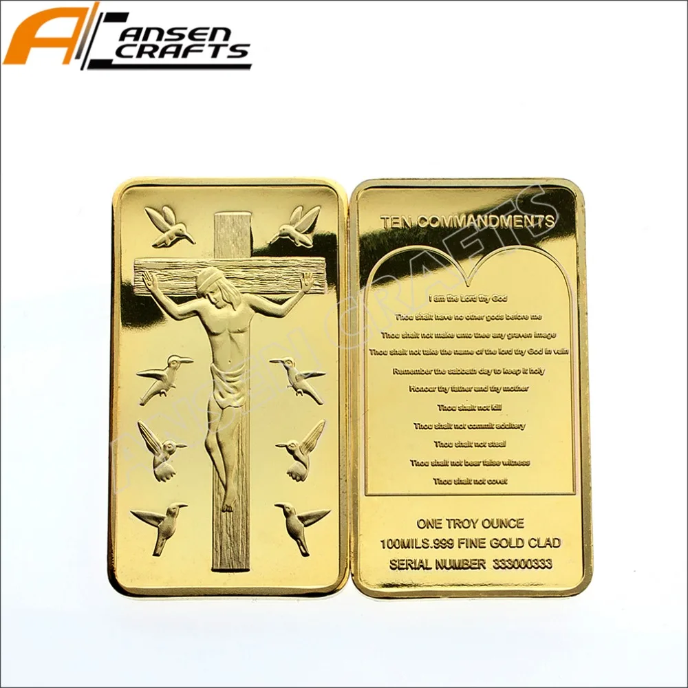 Jesus Christ  Gold plated Crucifix Jesus & 10 Commandments Bullion Ingot Bar