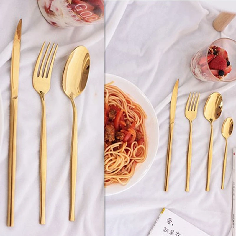 KuBac Hommi 24Pcs Stainless Steel Yellow Gold Dinnerware Cutlery Fork Knife Scoop Tableware Set Gift