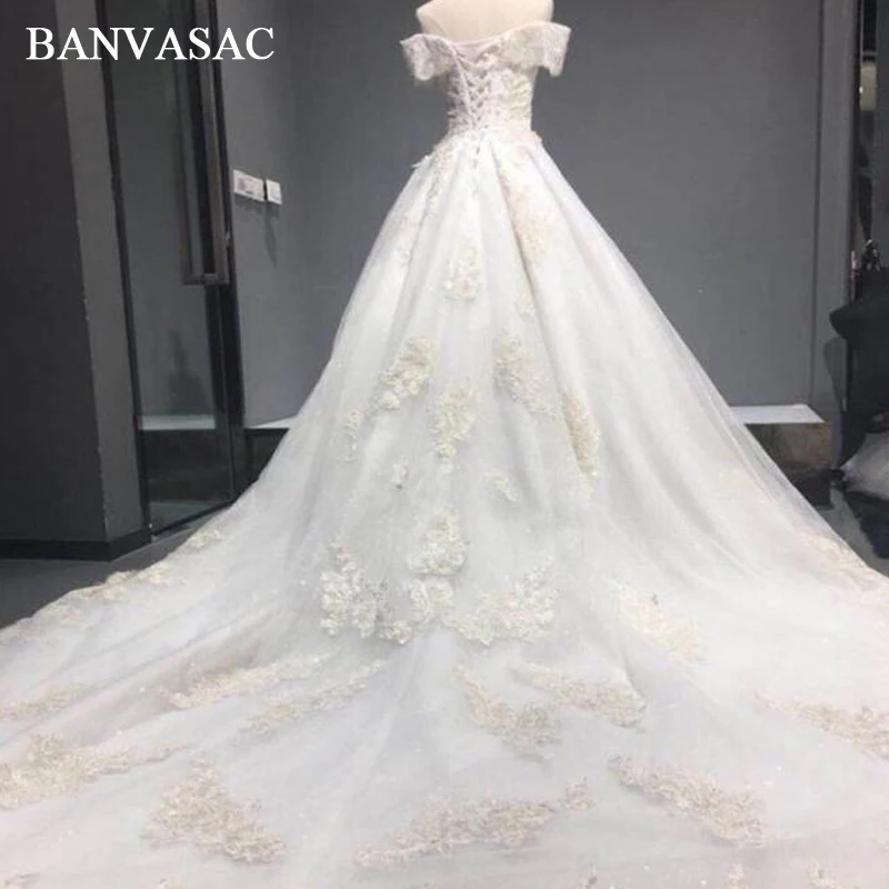 BANVASAC 2018 Ball Gown Cathedral Train Wedding Dresses Boat Neck Real Photos Lace Appliques Plus Size Bridal Gowns