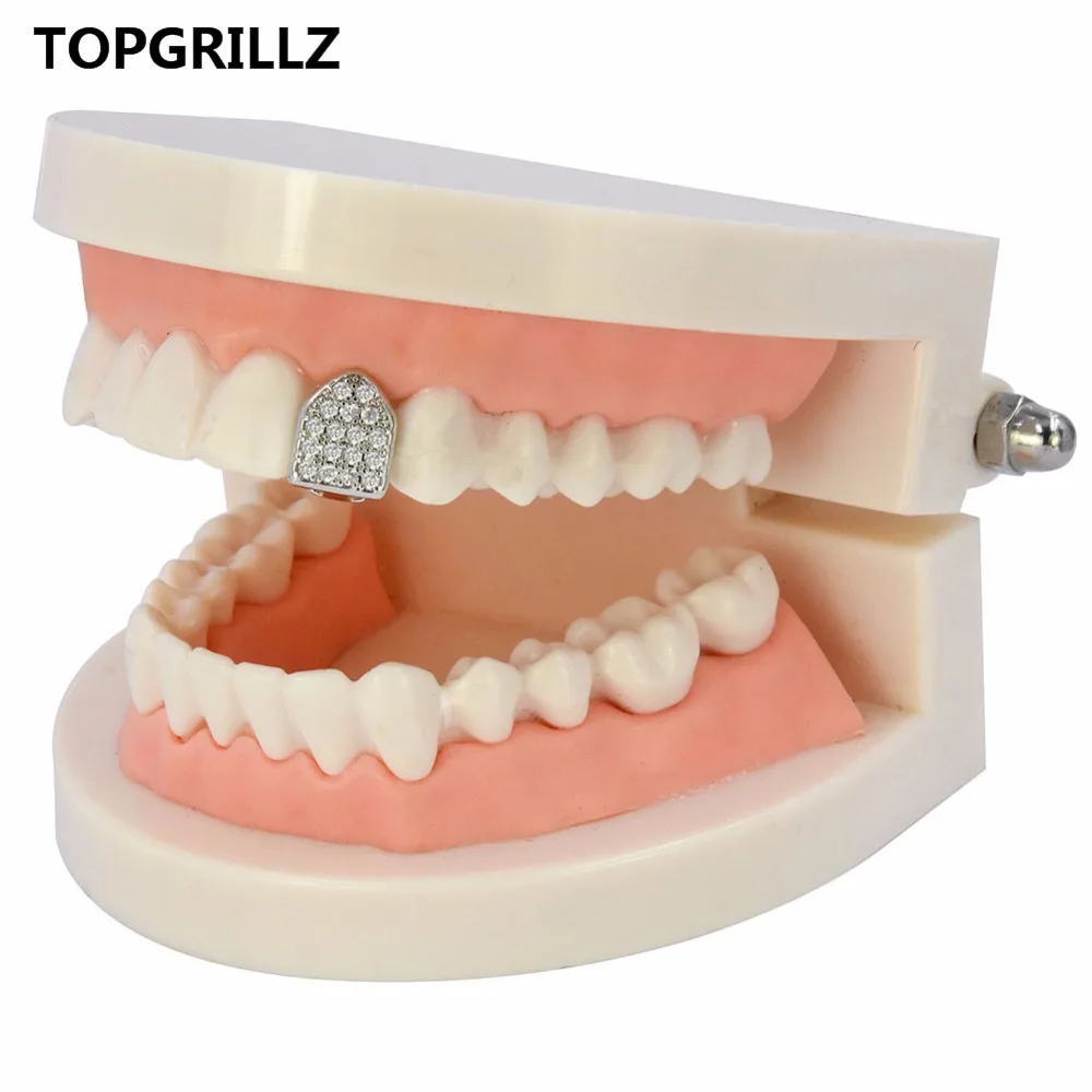 TOPGRILLZ Hip Hop Teeth Grillz Pure Gold Color Plated Single Cap Micro Pave CZ Cubic Zirconia Top Tooh Grills Bling Grill