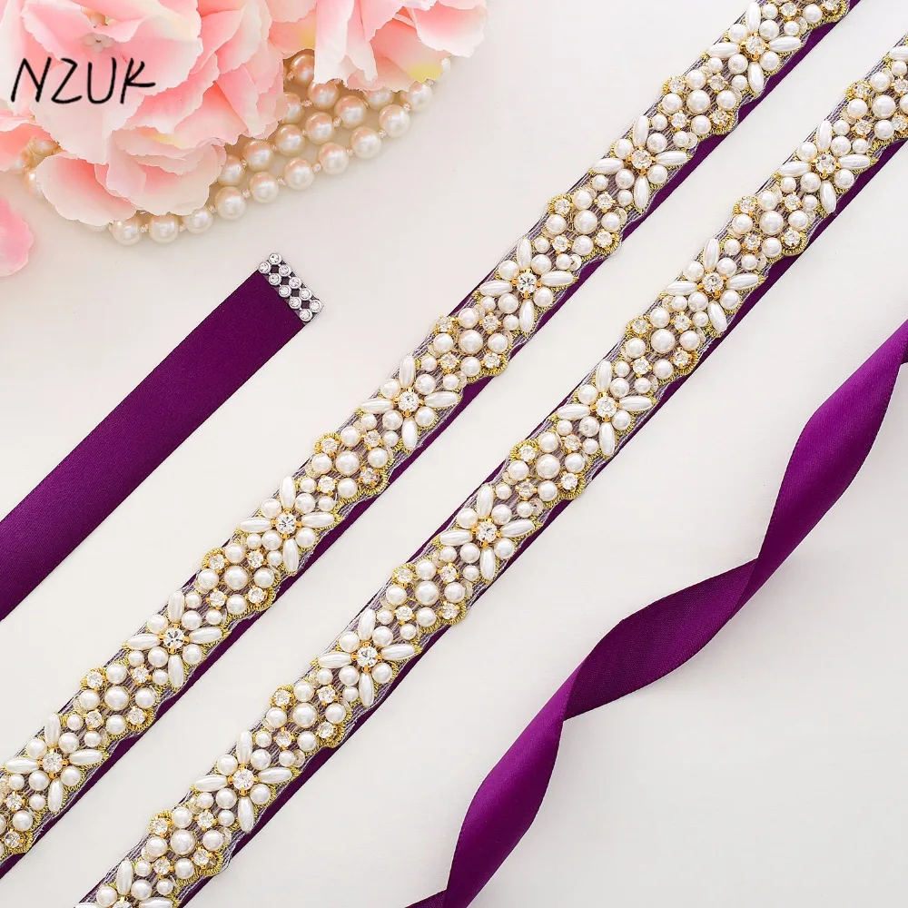 NZUK Pearls Bridal Belt Simple Elegant Crystal Wedding Belt Gold Rhinestones Wedding Sash For Bride Bridesmaid Dress 