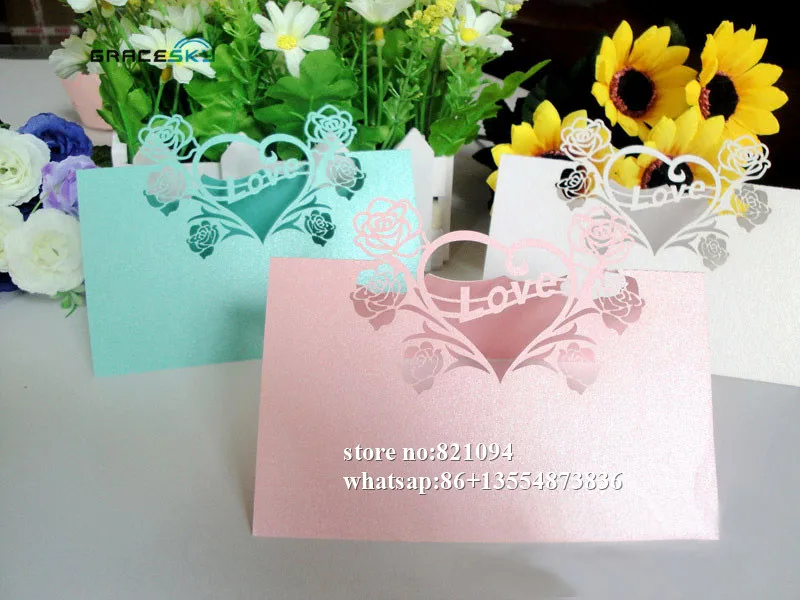 50pcs high quality free shipping laser cutting Love heart paper Name Place Wedding invitation Cards for Party Table Decoration