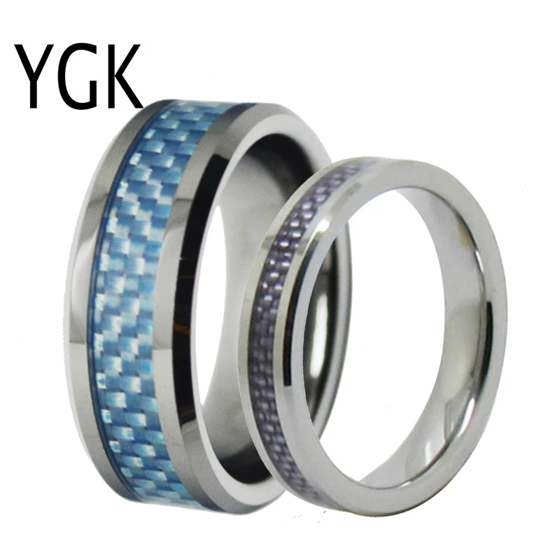 

YGK Jewelry Love Forever Ring Blue Fiber Silver Bevel New Tungsten Ring Tungsten Wedding Ring For Men and Women Bridegroom Ring