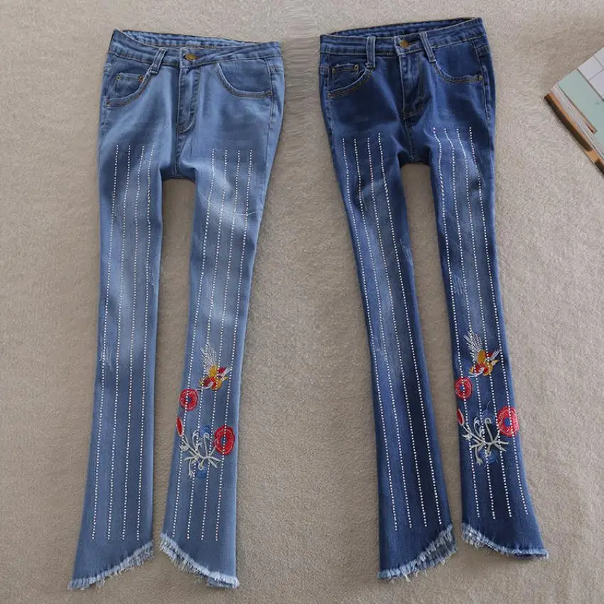 

stretch diamond beading jeans European striped diamond beading ankle jeans female rhinestone embroidery flare trousers wq2216