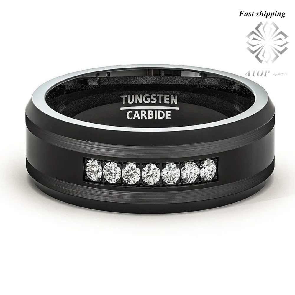 8mm Black Tungsten Carbide Ring Diamonds Inlay Comfort Fit Wedding Band Bridal