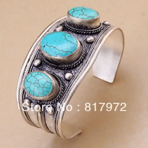 

Glamour Bling oval stone howlite bead inlay tibet silver cuff bracelet guarantee Adjustable Party Gift Style &6YB00047