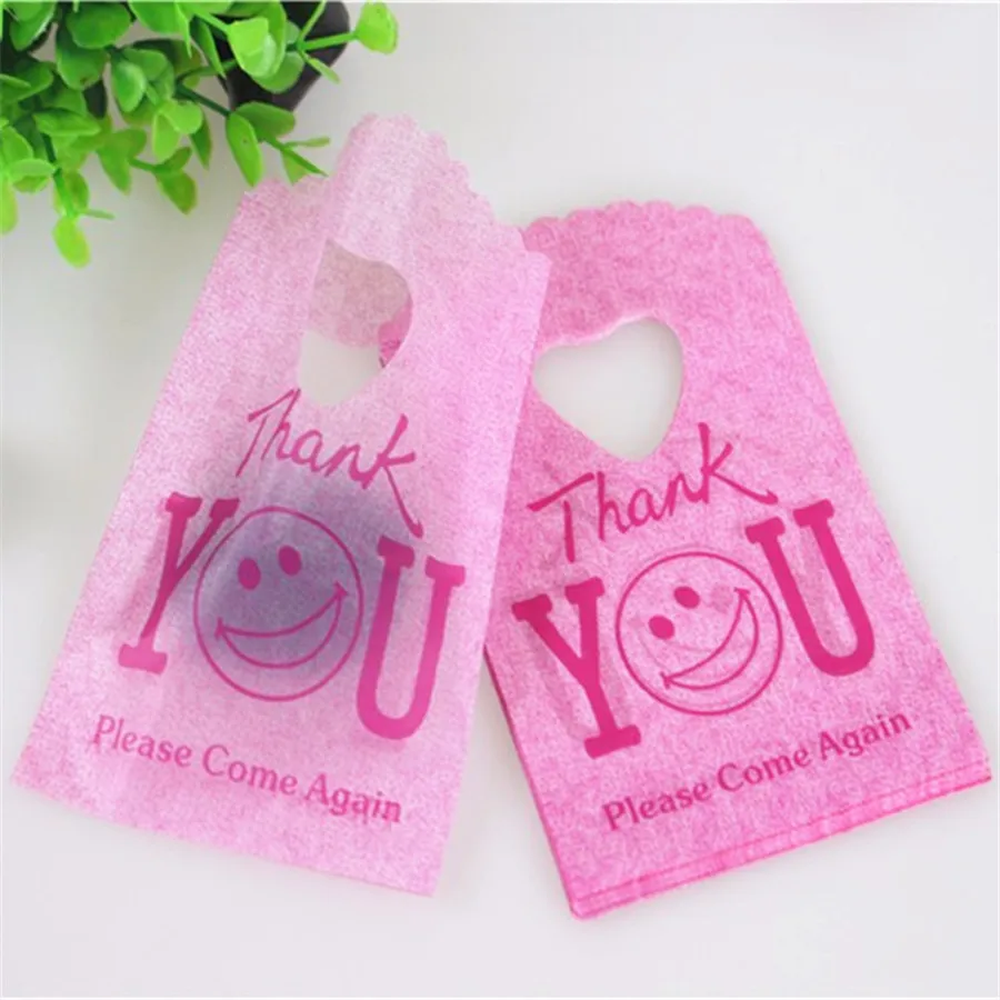 Mini bolsas de regalo de plástico con cara sonriente, embalaje de joyería, rosa roja, gracias, nuevo estilo, venta al por mayor, 50 unidades por lote, 9x15cm, 2021