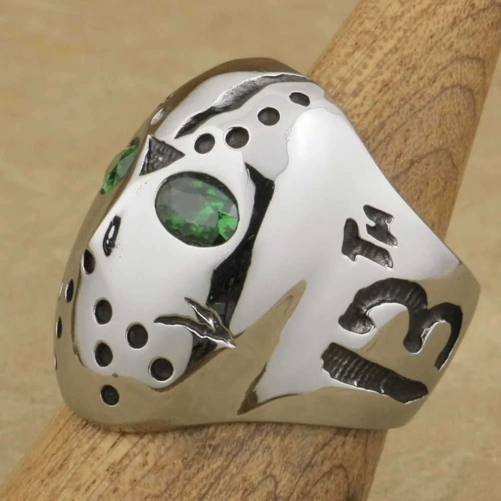 316L Stainless Steel Halloween Jason Hockey Green CZ Eyes Mens Ring 3F201A