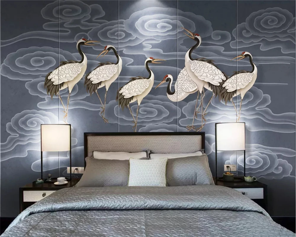 beibehang Customized modern papel de parede wallpaper new Chinese round wave landscape crane soft pack background papier peint