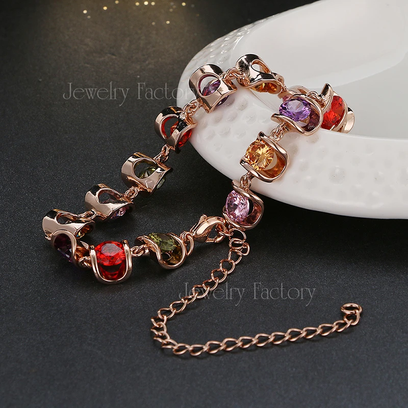 Emmaya Luxury   Rose Gold Color Chain Bracelets for Women Ladies Shining Colorful AAA Cubic Zircon Crystal Jewelry