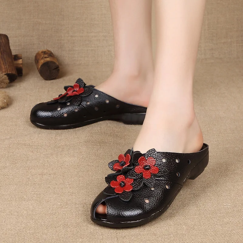 Summer Women Sandals Fashion Soft Leather Genuine Handmade Flower Women Flat Heel Sandals Slippers Mother shoes