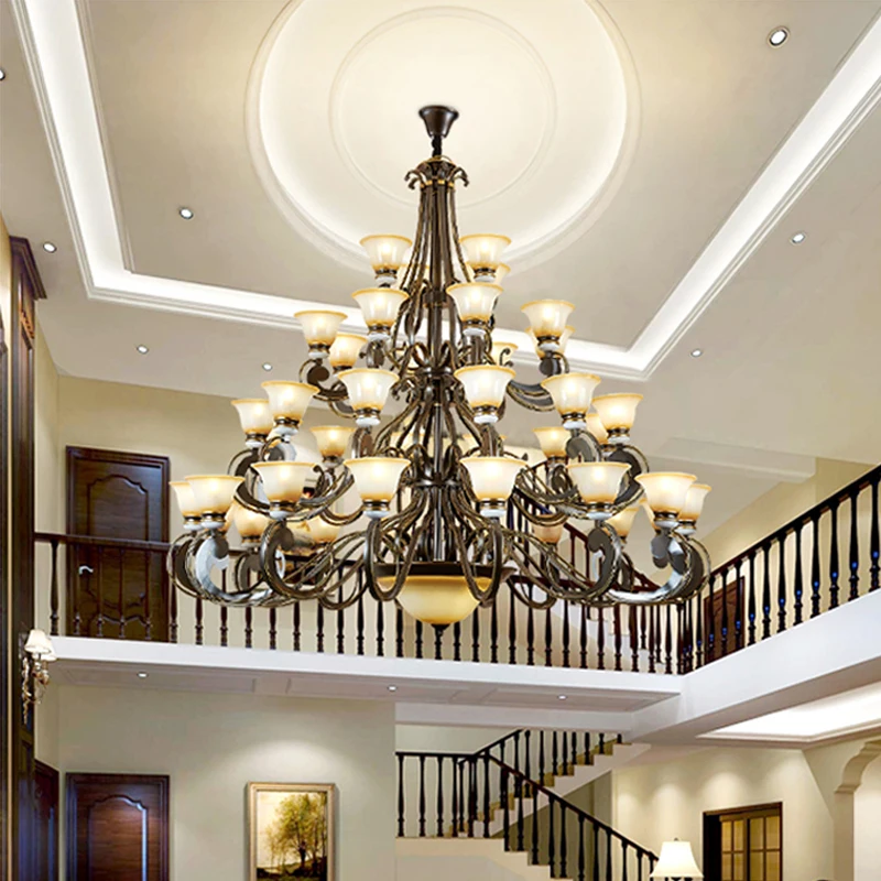 Hotel Compound Building Large Chandelier American Living Room Iron Lighting European Industry Three Layers Hanging Lamps LED